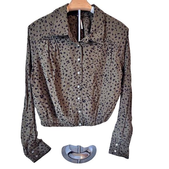 Free People Wishing Well Green Black Cheetah Crop Blouse Women Small - Picture 2 of 8